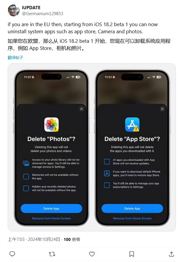 赤坎苹果手机维修分享iOS 18.2 支持删除 App Store 应用商店 