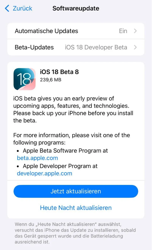 赤坎苹果手机维修分享苹果 iOS / iPadOS 18 开发者预览版 Beta 8 发布 